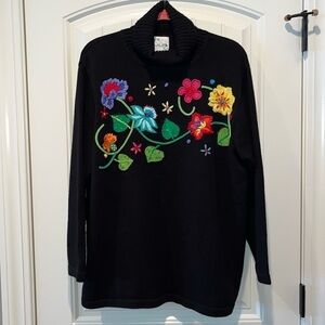 Black turtleneck sweater bright colorful floral embroidery embellishments 1X
